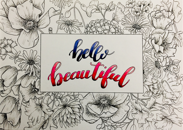 florals and lettering "hello Beautiful" in white